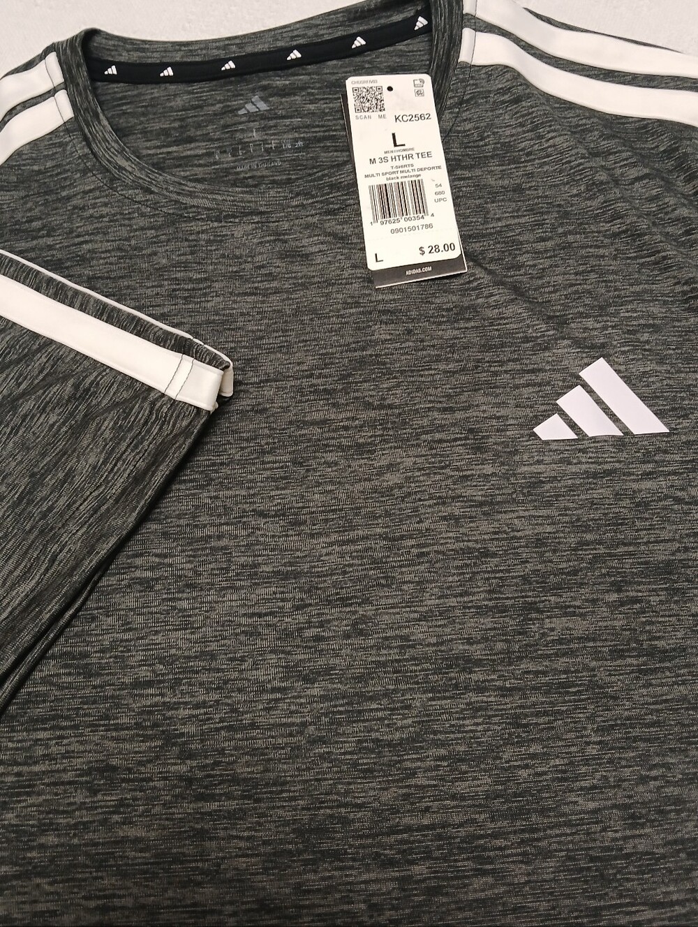 NWT adidas Men's Essentials 3-Stripes Heather Performance T-Shirt Dark Grey L